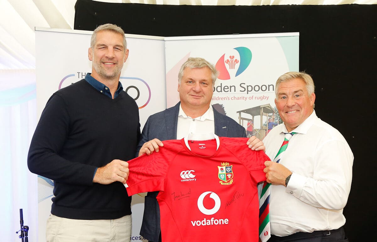 Jason Leonard and Simon Shaw with guest at the 2021 Wooden Spoon Concrete Society Charity Lunch at Cardiff Arms Park in Cardiff City Centre