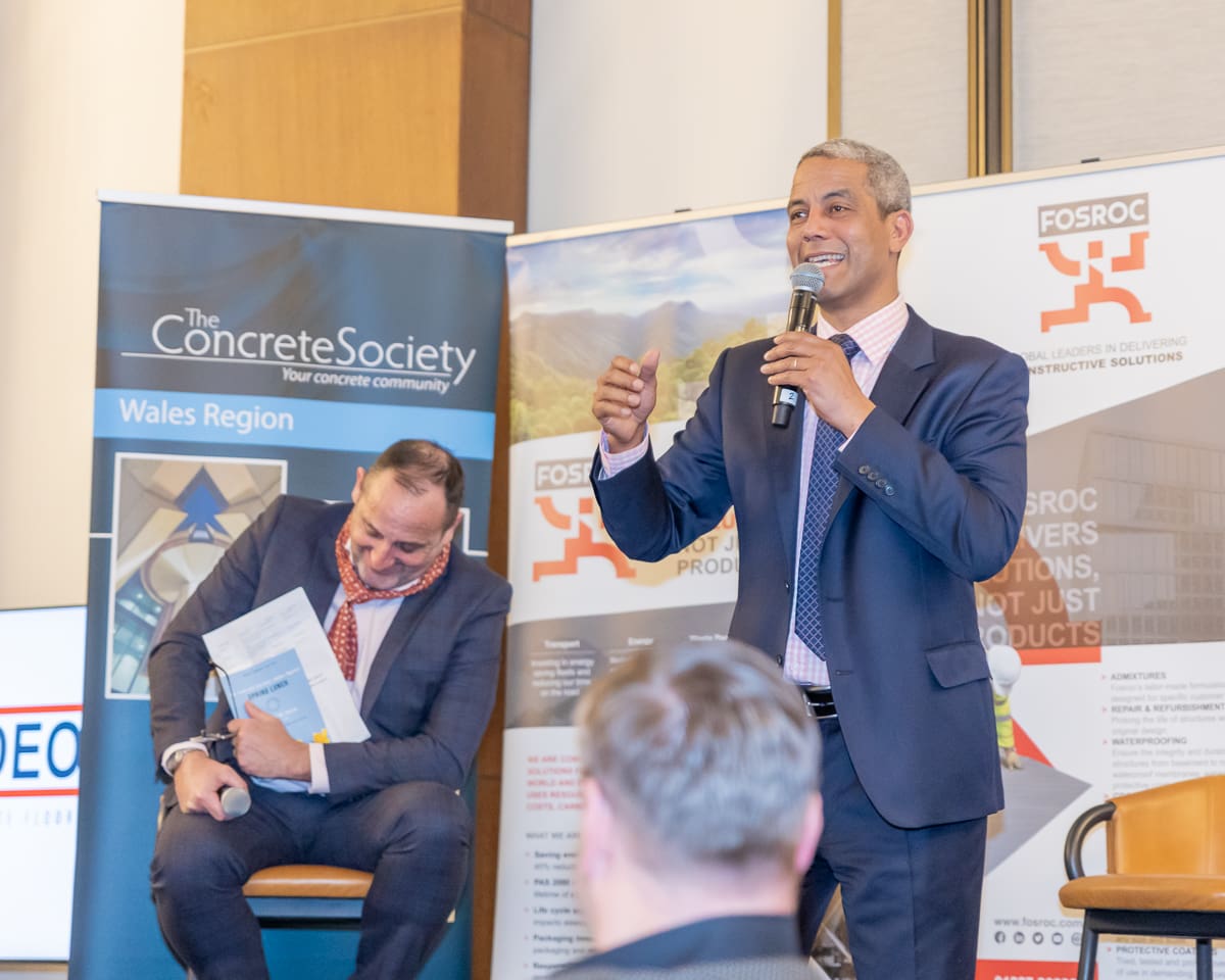 Rupert Moon and Jeremy Guscott at the Westgate Hotel Cardiff for the Annual Spring Lunch 2023, The Concrete Society Wales, capturing success